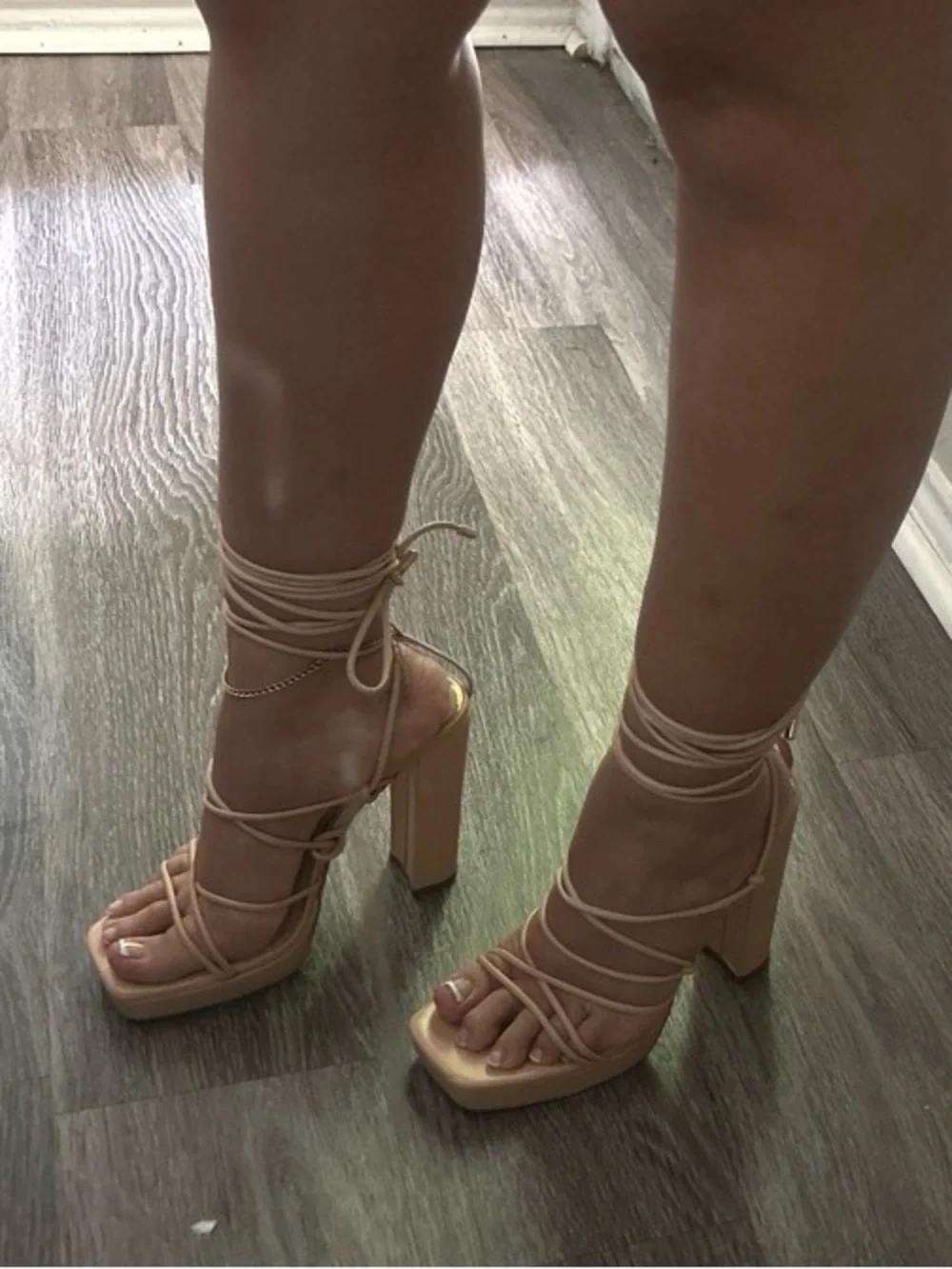 Liliana Strappy Lace-Up Square Toe Heels in Beige